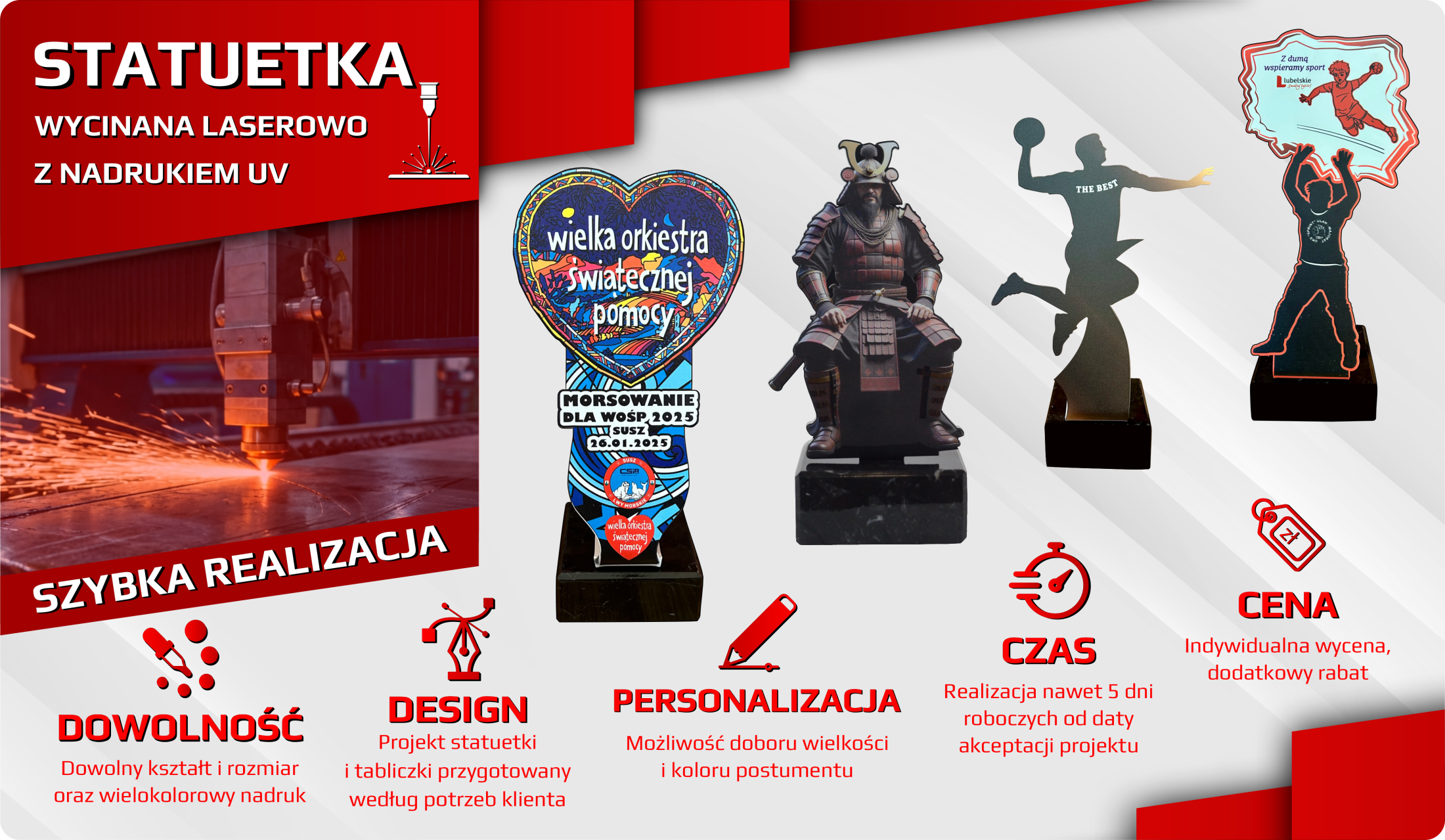 Statuetki wycinane laserowo z nadrukiem UV